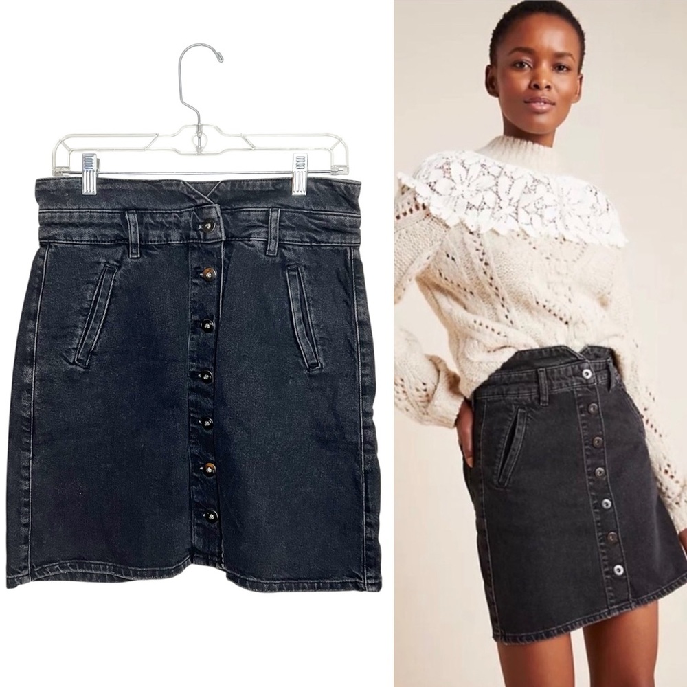 Pilcro Anthropologie Charcoal Button Down Front Skirt 8 Mini Black Denim